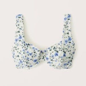 Abercrombie Curve Love Wide Strap Bikini Top X-Small Green w/ Blue Flowers